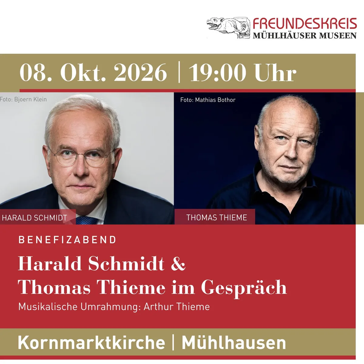 Veranstaltungsplakat mit Porträts von Harald Schmidt und Thomas Thieme